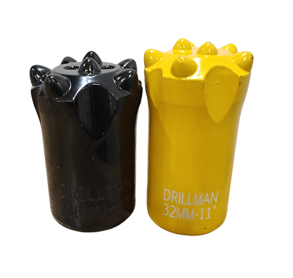 Drill bits and drill rods for abrasive rock drilling conditions