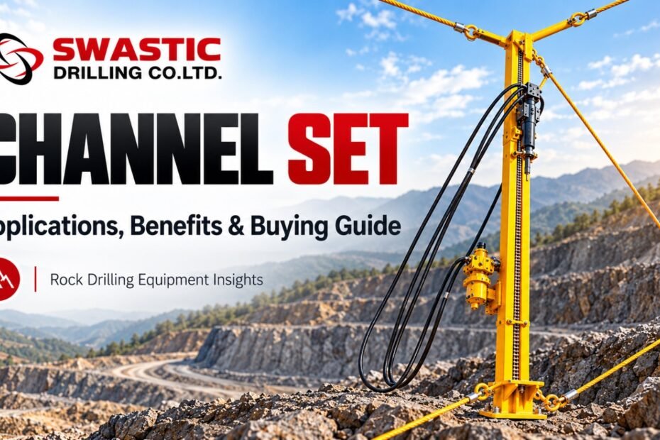 Channel set for rock drilling illustrated on a rocky hillside, with Swastic Drilling branding.